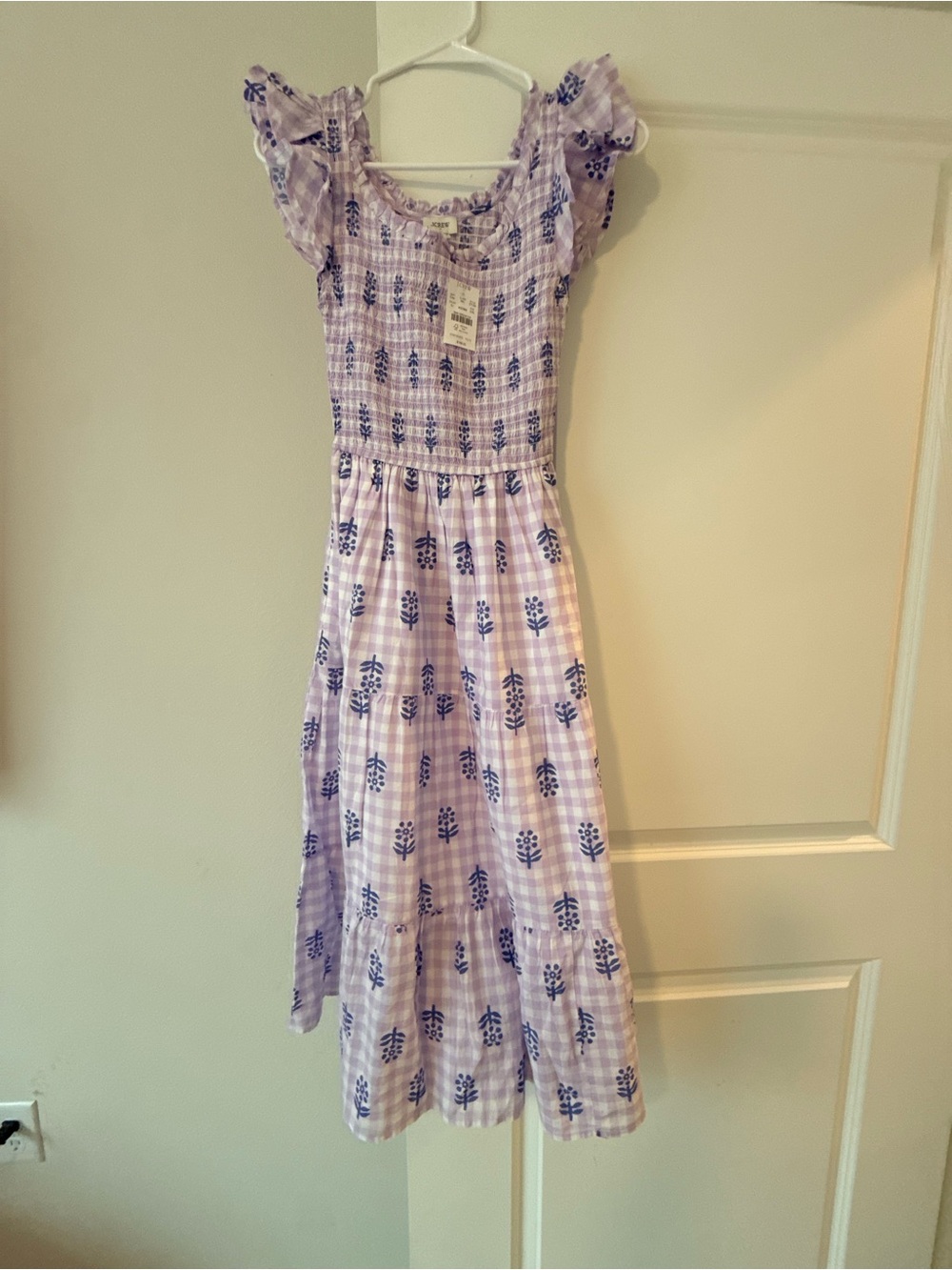 J. Crew Lavender Gingham Floral Smocked Midi Dress